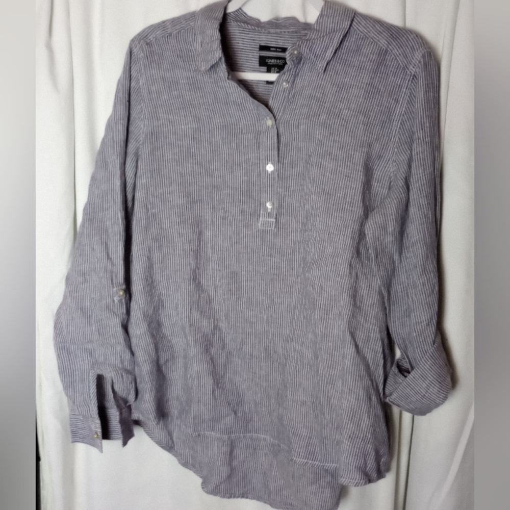 Jones & Co Blue White Striped 100% Linen Tunic Shirt Coastal Beachy Resort Med